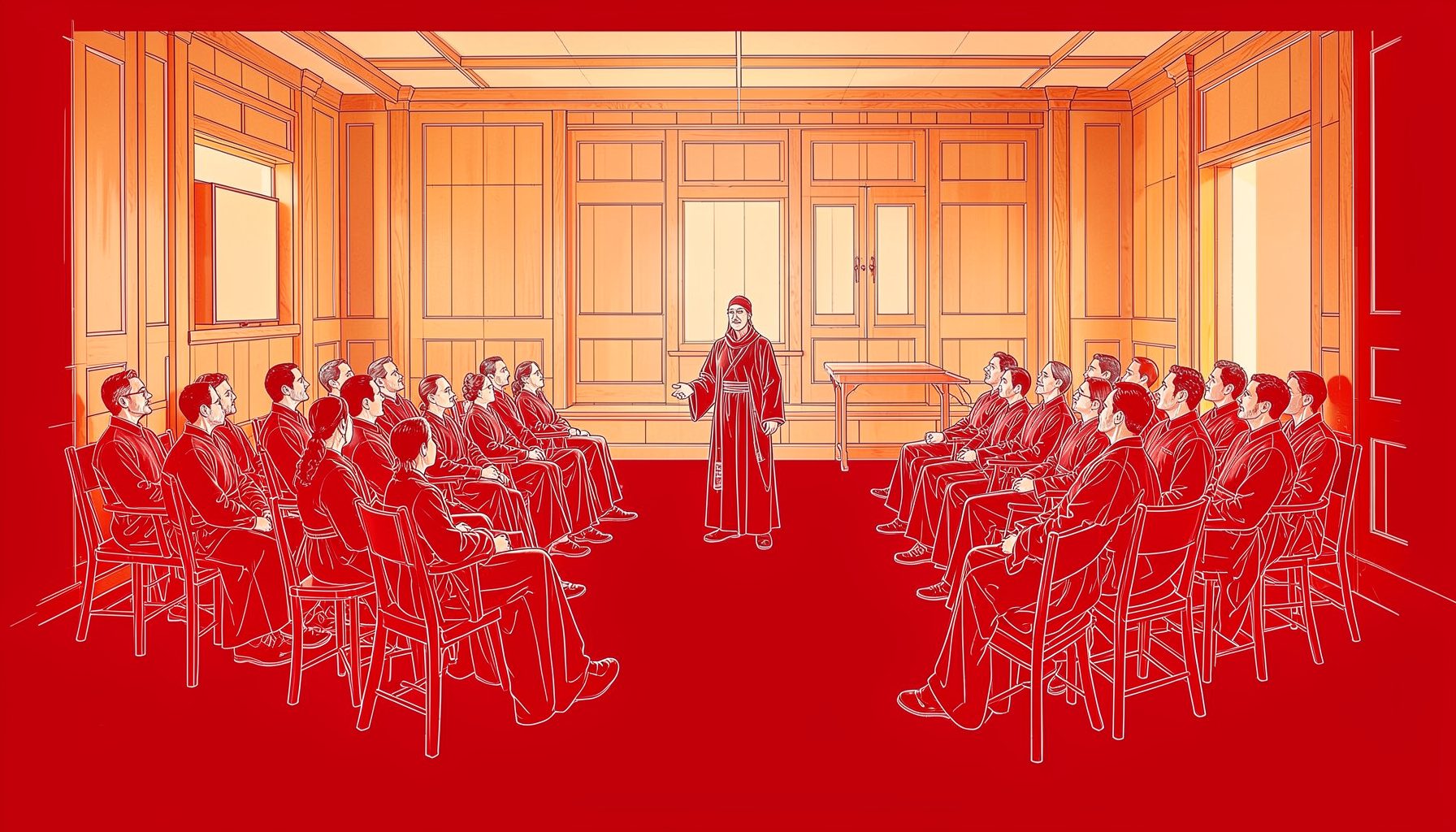 Vista ampla de uma sala de ensinamentos com luz suave e tons quentes de madeira, onde uma figura serena em vestes monásticas se dirige a uma assembleia atenta, transmitindo calma e sabedoria.