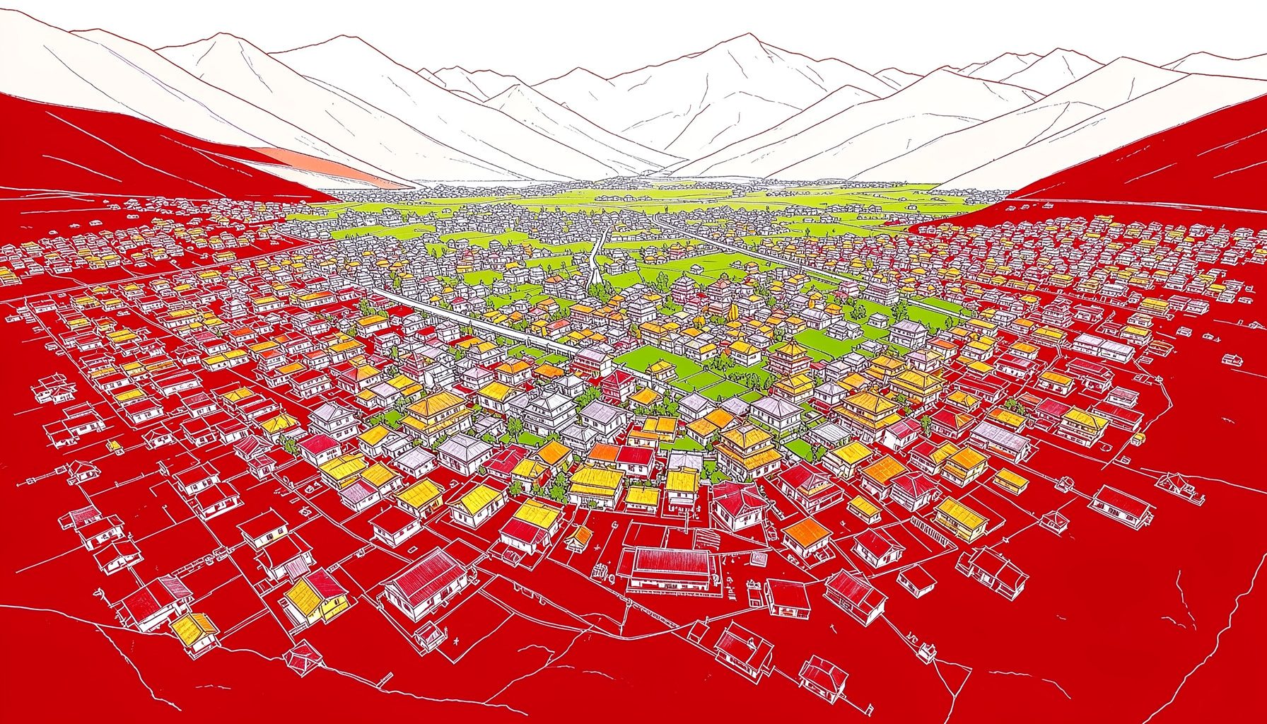 Vista aérea de uma vasta cidade tibetana com milhares de pequenas casas e templos de telhados dourados aninhados num vale verdejante entre montanhas