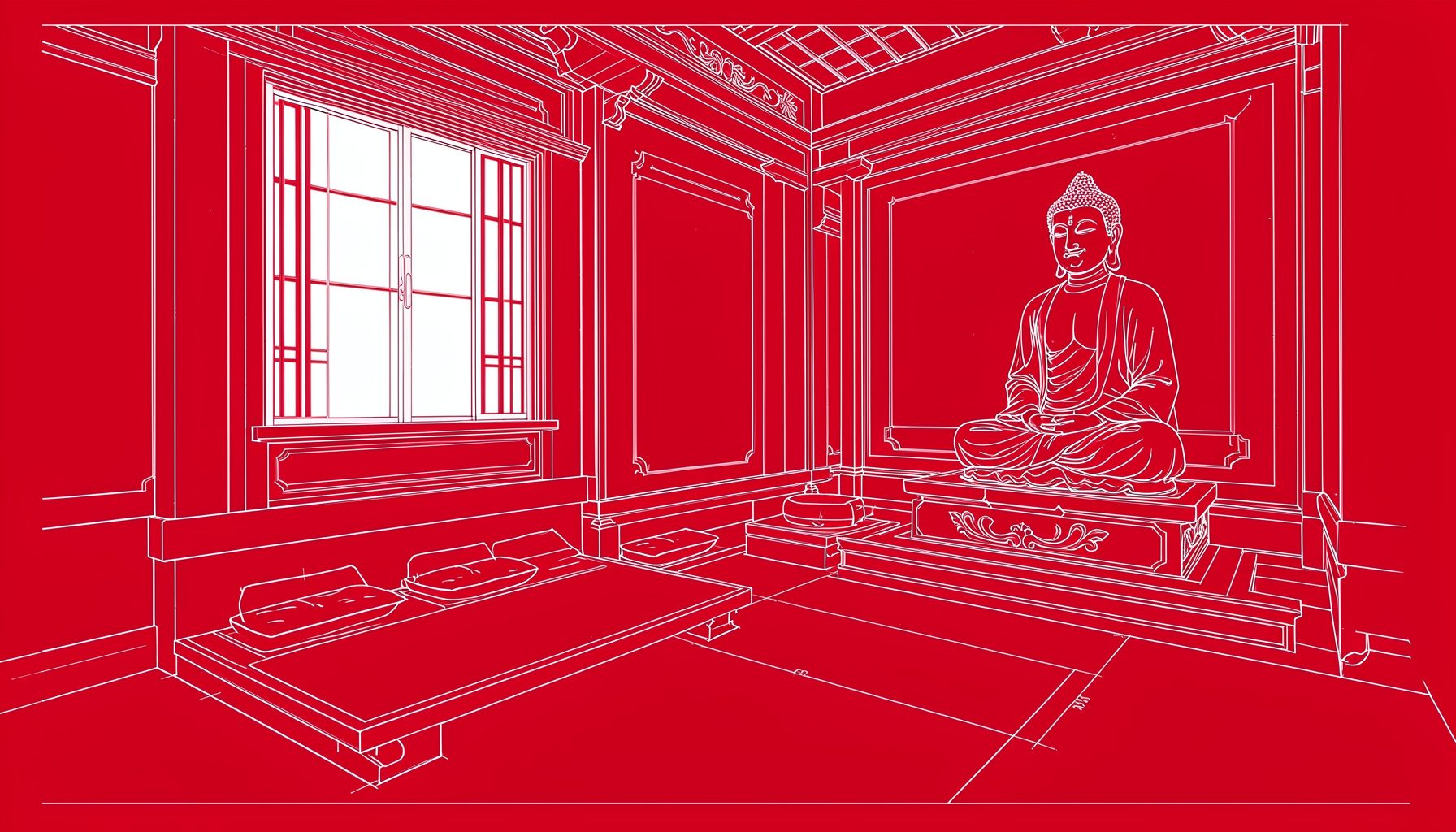 Interior sereno de um templo budista com luz suave a entrar por uma janela, almofadas de meditação alinhadas e uma estátua de Buda ao fundo